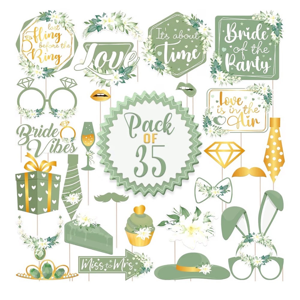 35pc Green/ Gold Bridal Shower/ Bachelorette Party/ Wedding Photo Booth Prop Set